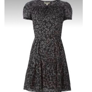 BURBERRY Black and Gray Leopard Print Shortsleeved Silk Dress